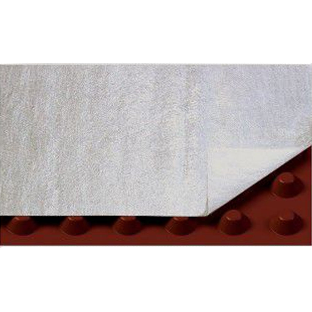 A dimpled plastic sheet, VersiDrain 8 Geo, with a geotextile covering on the dimples, shown partially unrolled to reveal the dimpled structure.