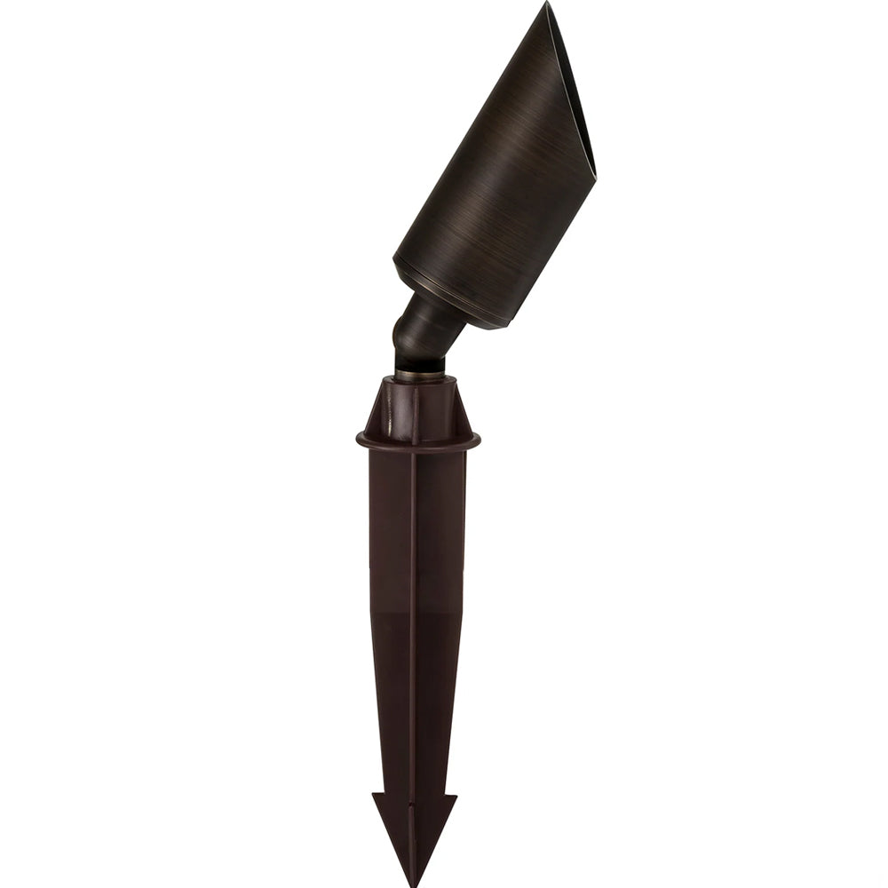 Antique brass garden light with a plastic stake.