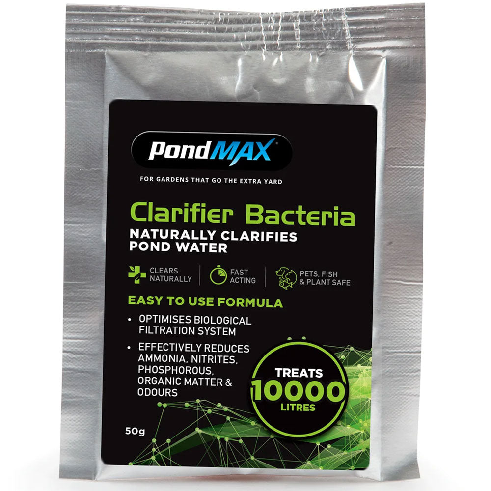 A packet of PondMAX Clarifier Bacteria designed to naturally clarify pond water, treat 1000 liters.