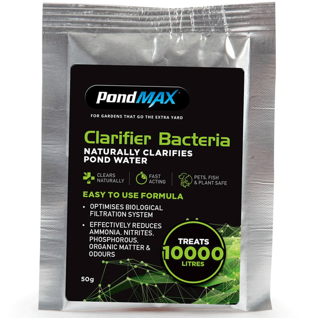 A packet of PondMAX Clarifier Bacteria designed to naturally clarify pond water, treat 1000 liters.