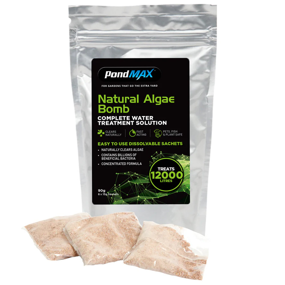 PondMAX Natural Algae Bomb packaging with sachets on a white background