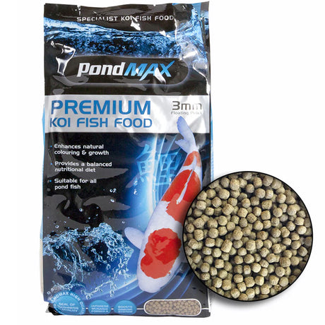 PondMAX premium koi fish food packaging which contains pellets.