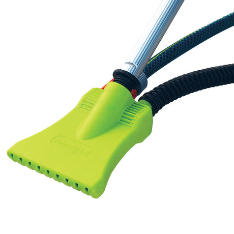 Green pond vaccuum with a handle, hose connection and discharge tube.