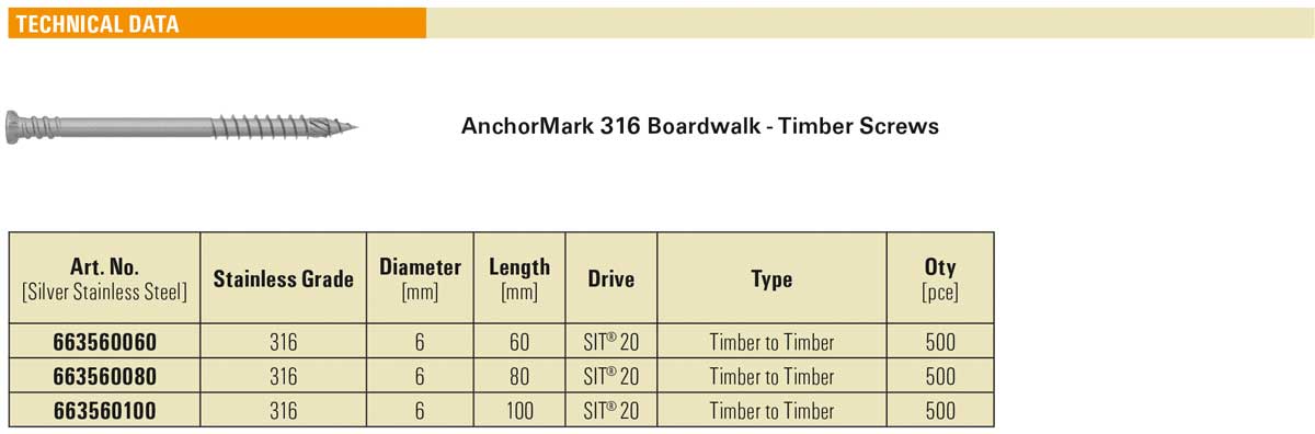AnchorMark 316 Stainless Steel Boardwalk Timber Screws - 6mm